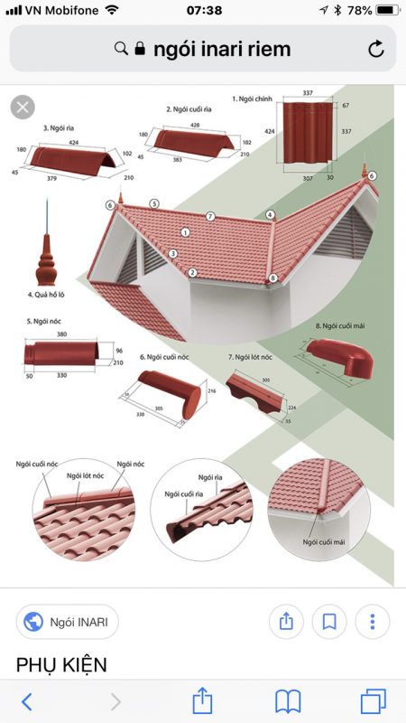 kích thươc và vị trí lắp đặt ngói