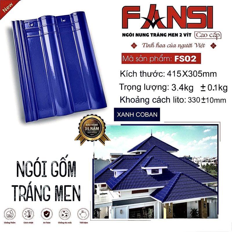 Ngói tráng men cao cấp FANSI – Độ bền vượt thời gian – Bảo hành lên đến 35 năm Ngói FANSI được nung ở nhiệt độ cao, kết hợp lớp men cao cấp giúp sản phẩm: • Không cong vênh, không nứt vỡ • Chịu được thời tiết khắc nghiệt • Độ bền màu cực cao theo thời gian