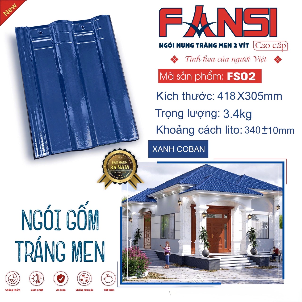 Ngói tráng men cao cấp FANSI FS02 màu xanh coban