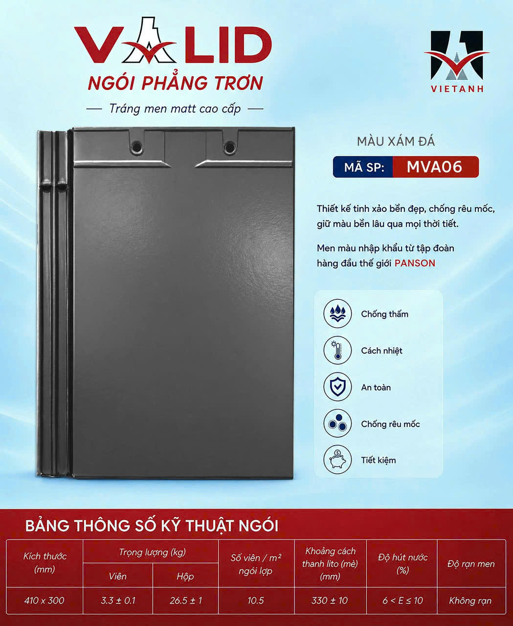 Ngói phẳng tráng men Helen MVA 06 men Matt màu xám đá mang phong cách hiện đại, thanh lịch, là lựa chọn lý tưởng cho những công trình yêu cầu tính thẩm mỹ cao và vẻ đẹp sang trọng, tinh tế