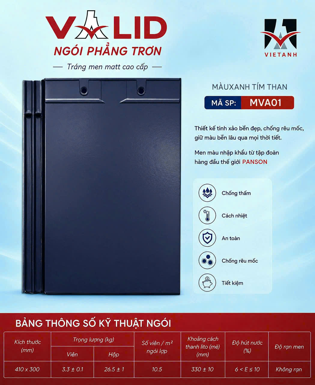 Ngói phẳng tráng men Helen MVA 01 men Matt mang phong cách hiện đại, tinh tế, là lựa chọn lý tưởng cho những công trình yêu cầu tính thẩm mỹ cao và độ hoàn thiện sang trọng.